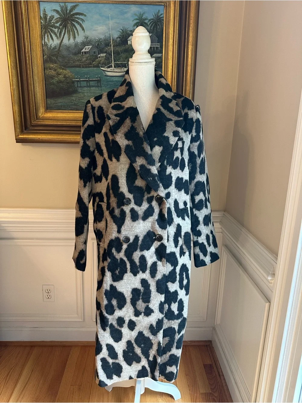 COMMENSE Wool Leopard Print Double Breasted Coat NWT
